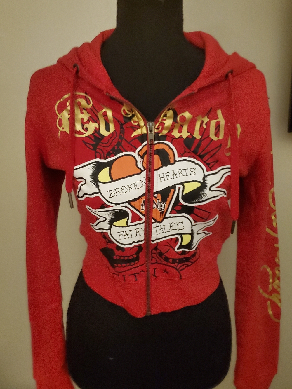 Ed Hardy Red Zip Hoodie with Gold Script and Heart Banner